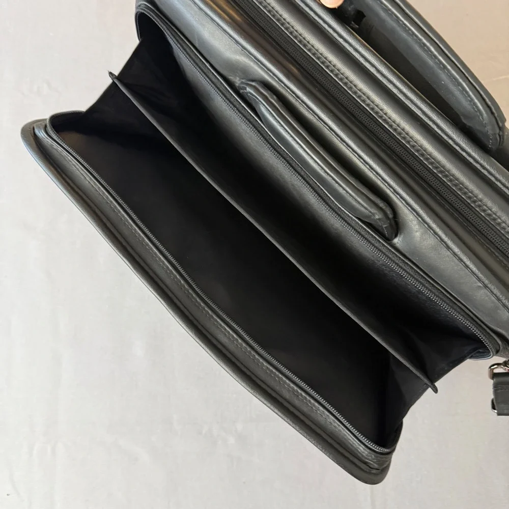 Dell Black Leather Laptop Messenger Bag Briefcase‎ Retractable handles